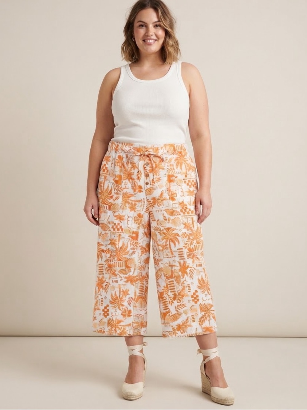 kathy ireland Orange & White Tropical Wide-Leg Cropped Pants
